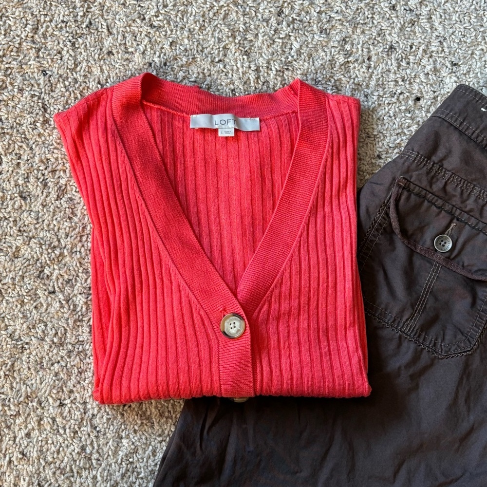 Preppy office LOFT Vibrant Coral Ribbed Women’s Cardigan V-neck L - Picture 5 of 10